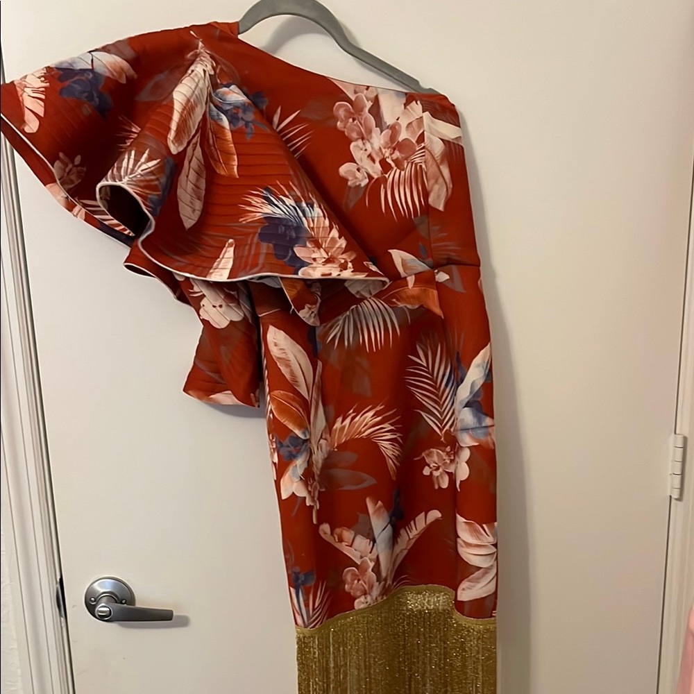 Asos Floral One-Shoulder Dress with Gold Fringe NwT